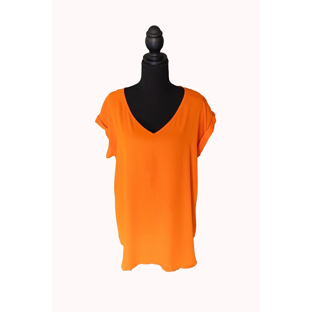 Siya Orange V-Neck Cuffed Short Sleeve Blouse Top Large